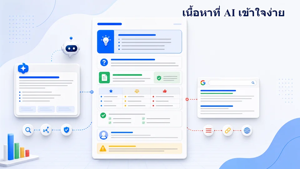 โครงสร้างเนื้อหาพร้อม AEO ที่ประกอบด้วยคำตอบสั้น บริบท ขั้นตอน หลักฐาน ข้อจำกัด และคำถามต่อเนื่อง