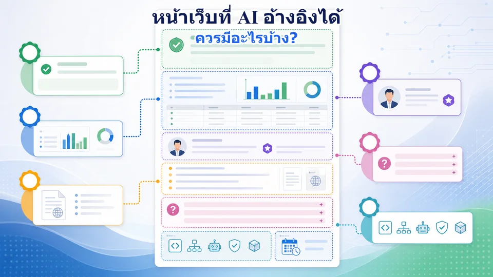 องค์ประกอบหน้าเว็บที่พร้อมสำหรับการอ้างอิงของ AI ได้แก่ คำตอบสั้น หลักฐาน ผู้เขียน แหล่งอ้างอิง คำถามเพิ่มเติม และข้อมูลโครงสร้าง