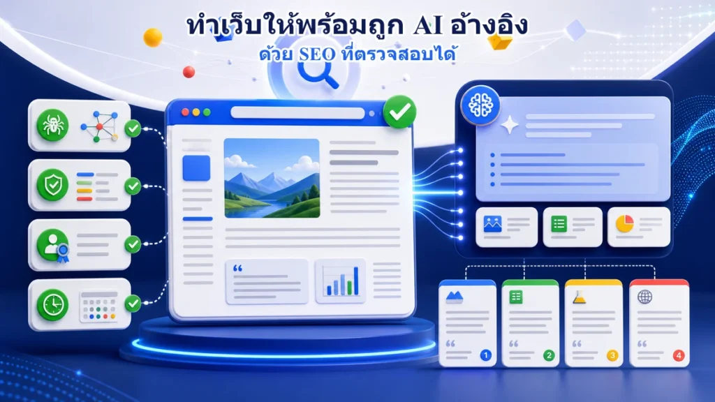 หน้าเว็บคุณภาพเชื่อมกับคำตอบ AI และแหล่งอ้างอิง พร้อมสัญลักษณ์การเข้าถึง หลักฐาน ผู้เขียน และความสดใหม่