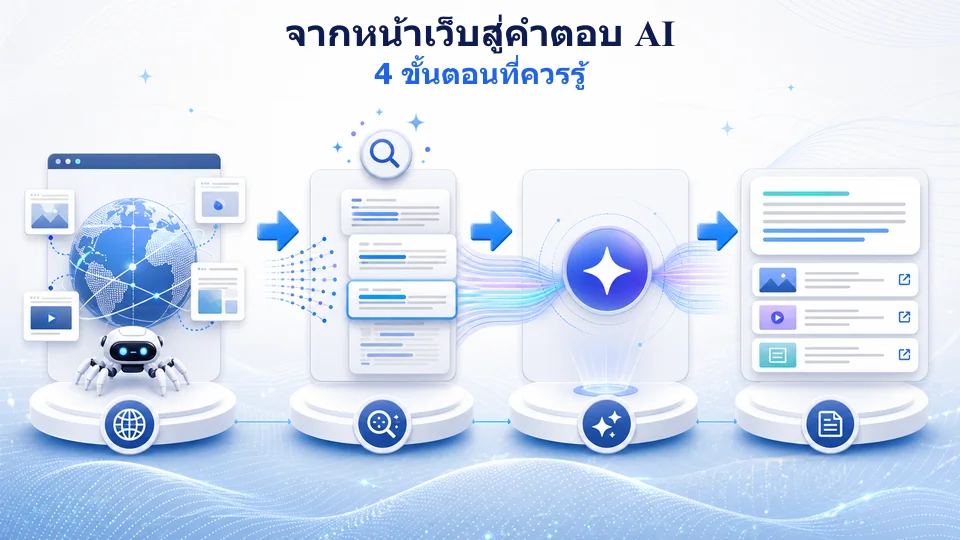 กระบวนการจากการรวบรวมหน้าเว็บ การค้นคืนเนื้อหาที่เกี่ยวข้อง การสังเคราะห์คำตอบ และการแสดงแหล่งอ้างอิงใน AI Search