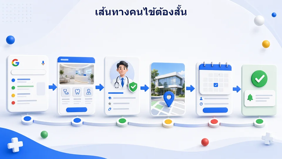 แผนภาพเส้นทางผู้ค้นหาเว็บไซต์คลินิกจากค้นหาบริการ ตรวจสอบแพทย์ เลือกสาขา ขอนัดหมาย และได้รับการยืนยัน
