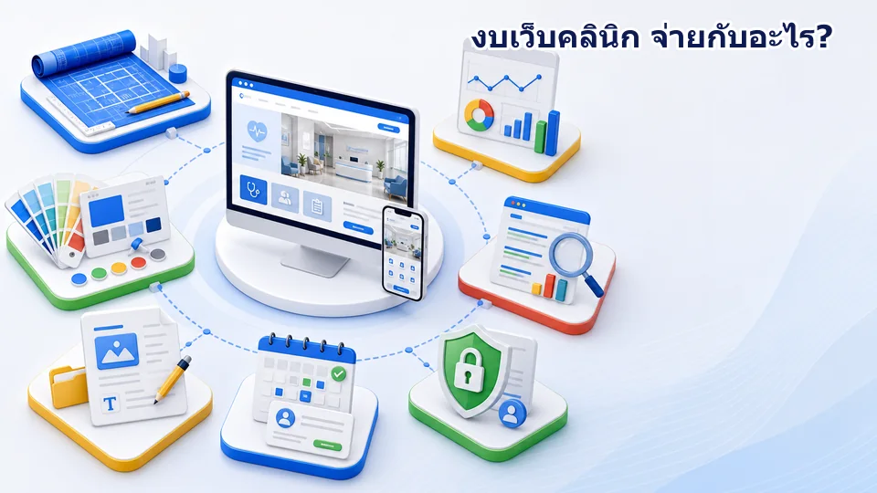 ภาพอธิบายงบทำเว็บไซต์คลินิกที่แบ่งเป็นการวางแผน ดีไซน์ เนื้อหา ระบบนัดหมาย SEO การวัดผล และดูแลหลังส่งมอบ