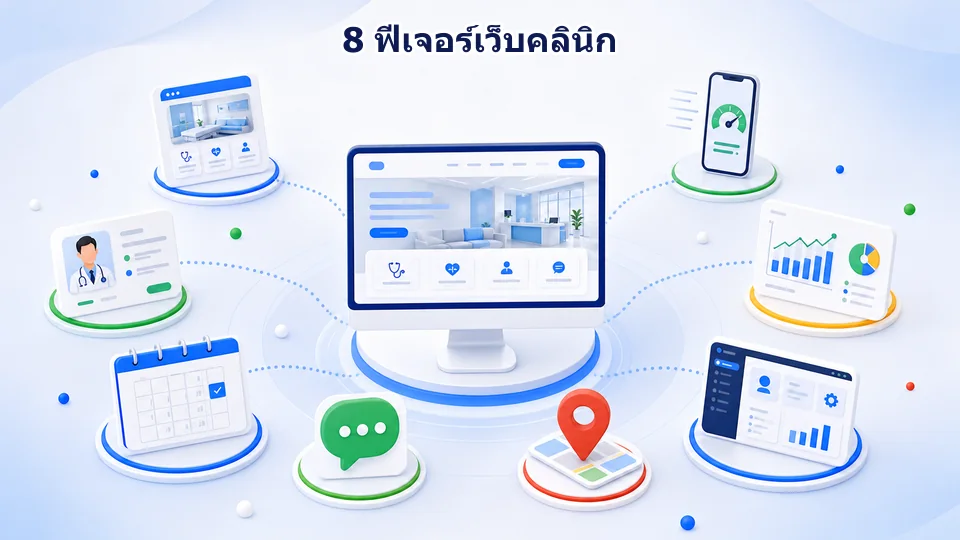 อินโฟกราฟิกแสดงฟีเจอร์เว็บไซต์คลินิก ได้แก่ หน้าบริการ โปรไฟล์แพทย์ นัดหมาย สาขา ติดต่อ หลังบ้าน ความเร็ว และการวัดผล