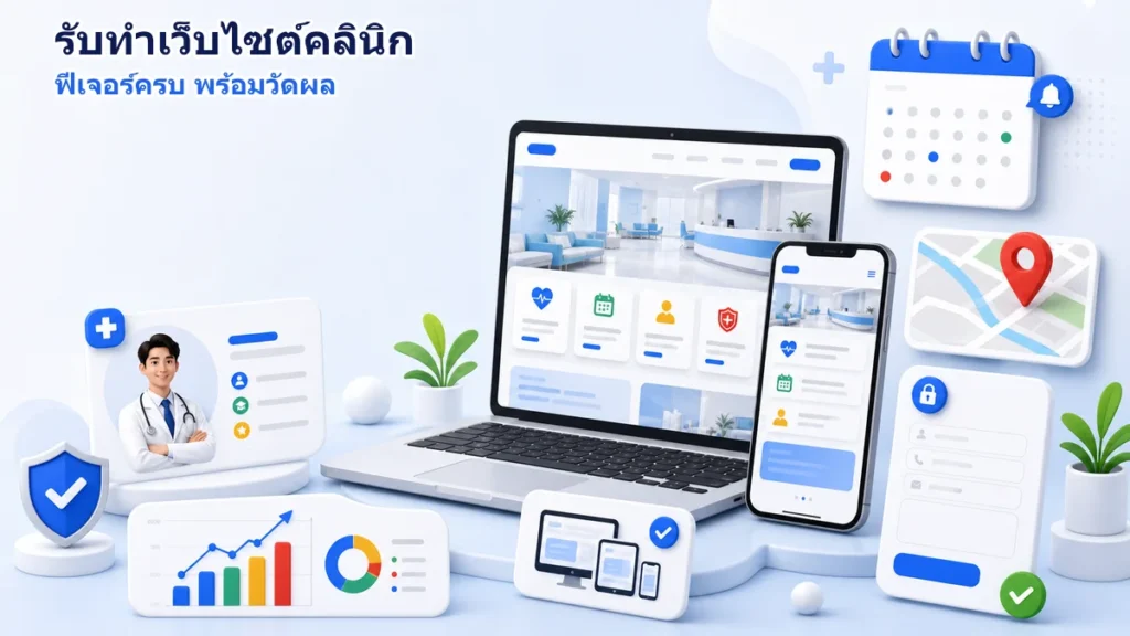 เว็บไซต์คลินิกบนคอมพิวเตอร์และมือถือ พร้อมระบบนัดหมาย แผนที่ ความปลอดภัย และการวัดผล