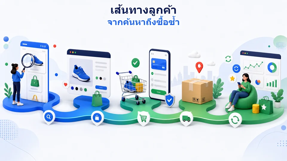 เส้นทางลูกค้าร้านค้าออนไลน์จากการค้นหา ดูหน้าสินค้า ชำระเงิน รับสินค้า ไปจนถึงซื้อซ้ำและวัดผล