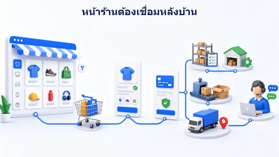 แผนภาพระบบเว็บไซต์ขายของที่เชื่อมหน้าร้าน สินค้า ตะกร้า ชำระเงิน จัดส่ง สต็อก ออเดอร์ และการบริการลูกค้า