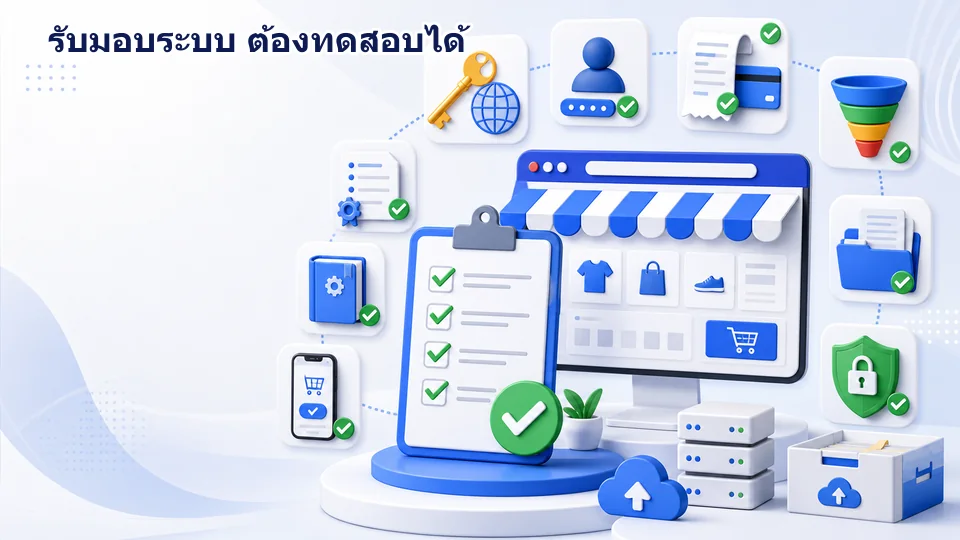 ภาพสรุปรายการรับมอบเว็บไซต์ขายของ ได้แก่ บัญชี ระบบร้านค้า ข้อมูลสินค้า การชำระเงิน Tracking Backup คู่มือ และผลทดสอบ