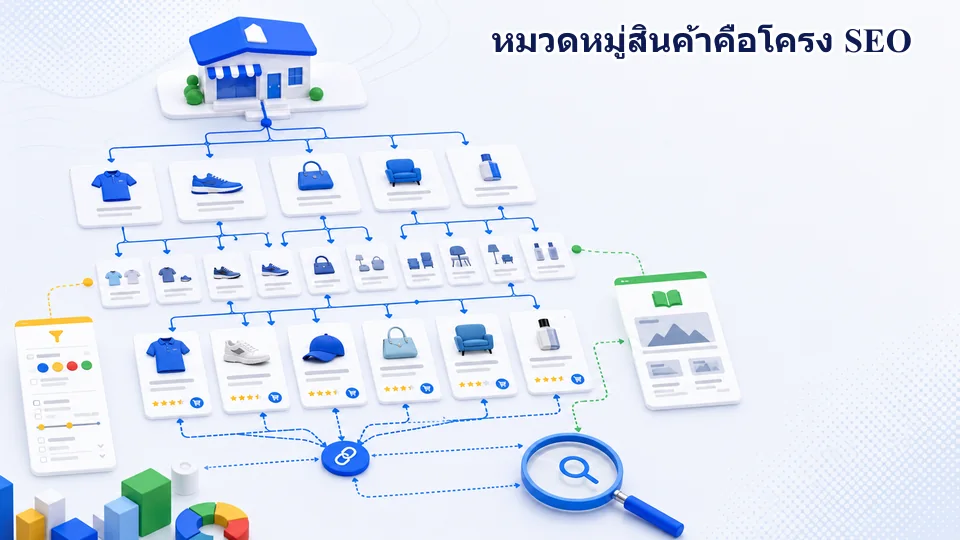 โครงสร้าง SEO ร้านค้าออนไลน์จากหมวดหมู่หลัก หมวดหมู่ย่อย หน้าสินค้า ตัวกรอง และบทความแนะนำการเลือก