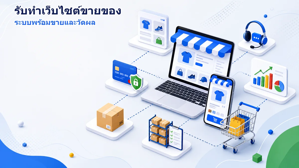 เว็บไซต์ขายของบนคอมพิวเตอร์และมือถือ เชื่อมสินค้า ตะกร้า การชำระเงิน ขนส่ง สต็อก และ Analytics