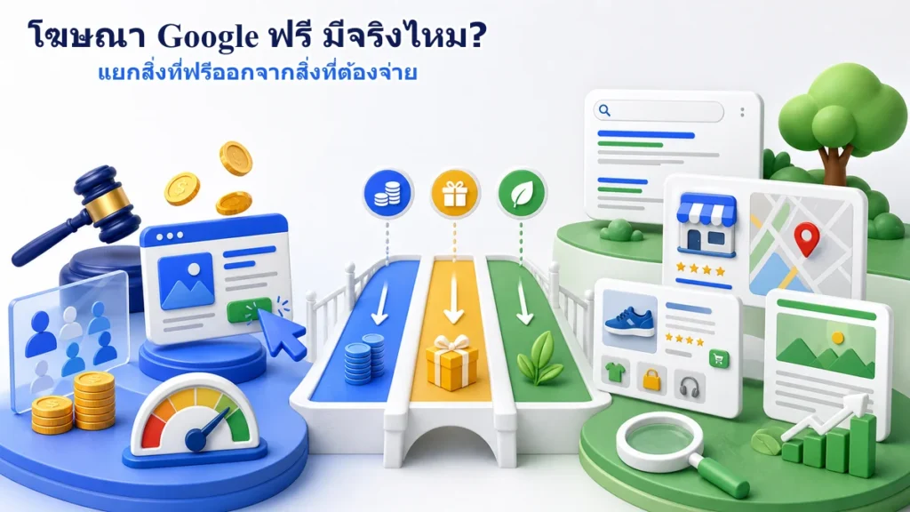 เปรียบเทียบ Google Ads แบบเสียค่าโฆษณา เครดิตส่งเสริมการขาย และช่องทาง Organic ฟรี เช่น Search Maps และ Product listings