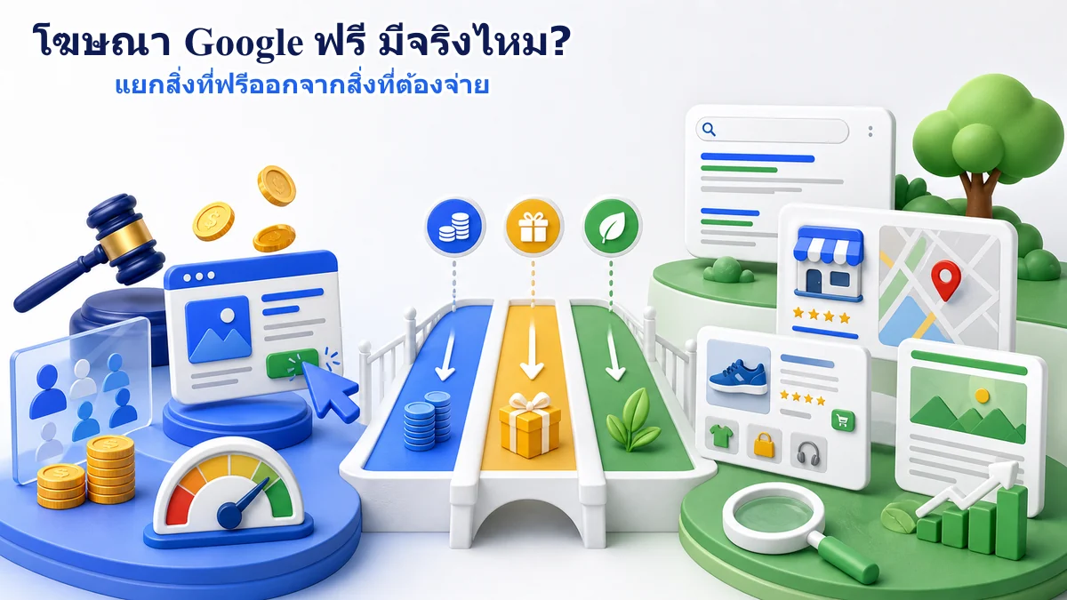 เปรียบเทียบ Google Ads แบบเสียค่าโฆษณา เครดิตส่งเสริมการขาย และช่องทาง Organic ฟรี เช่น Search Maps และ Product listings