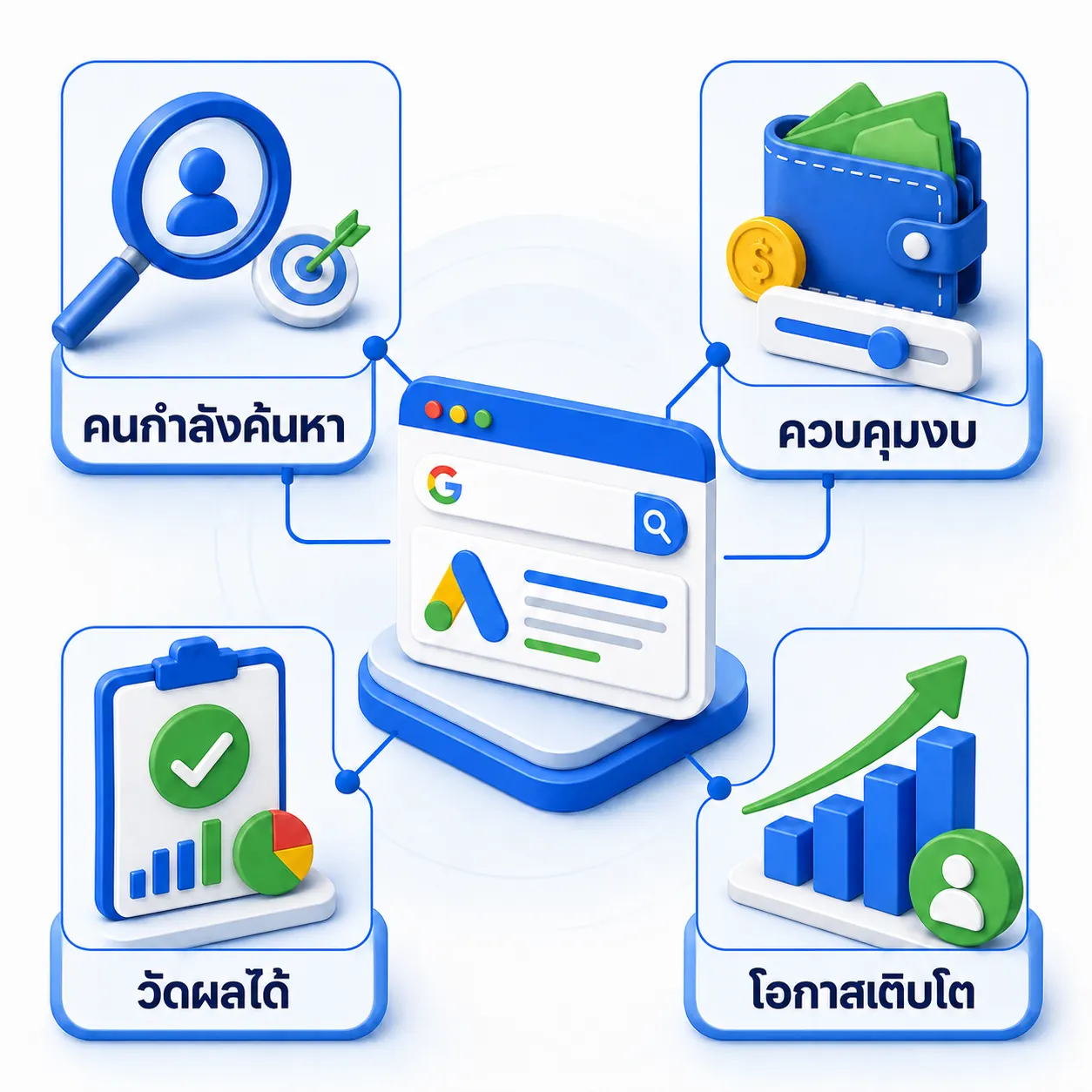 ประโยชน์ของ Google Ads สำหรับธุรกิจ เช่น เข้าถึงผู้ค้นหา ควบคุมงบ วัดผล และสร้างโอกาสเติบโต