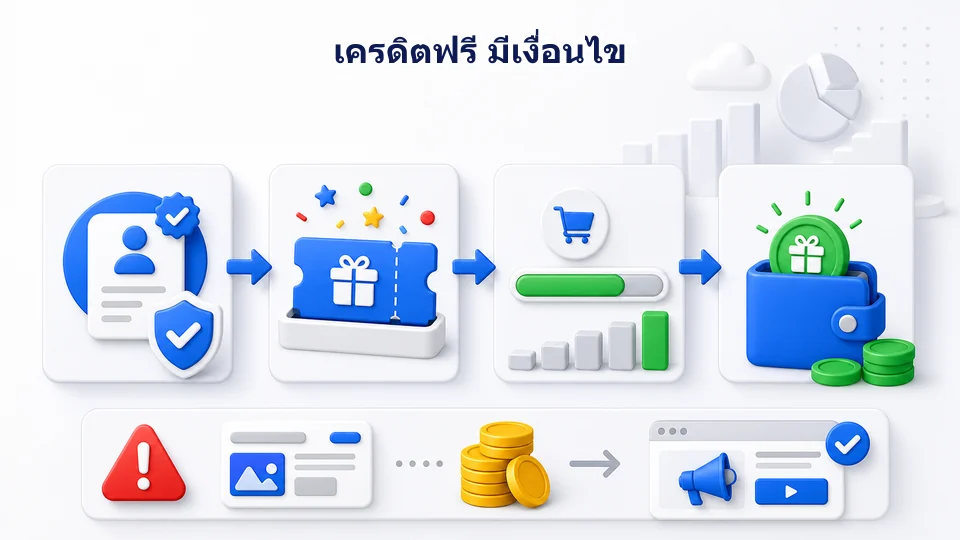 ขั้นตอนเครดิต Google Ads ตั้งแต่รับข้อเสนอ ใช้จ่ายตามเงื่อนไข ตรวจสิทธิ์ รับเครดิต และใช้กับค่าโฆษณาในอนาคต
