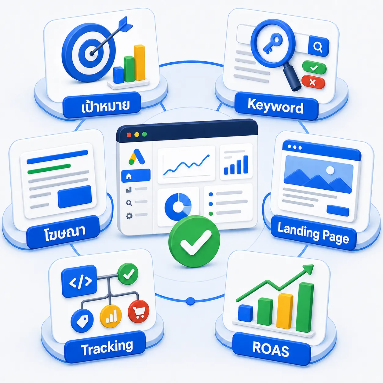 องค์ประกอบแคมเปญ Google Ads คุณภาพ เป้าหมาย Keyword โฆษณา Landing Page Tracking และ ROAS