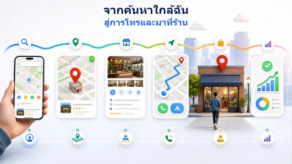 เส้นทางลูกค้าจากการค้นหาใกล้ฉัน เห็นหมุดโฆษณา ดูข้อมูลร้าน กดโทรหรือขอเส้นทาง ไปจนถึงเข้าร้านและบันทึก Conversion