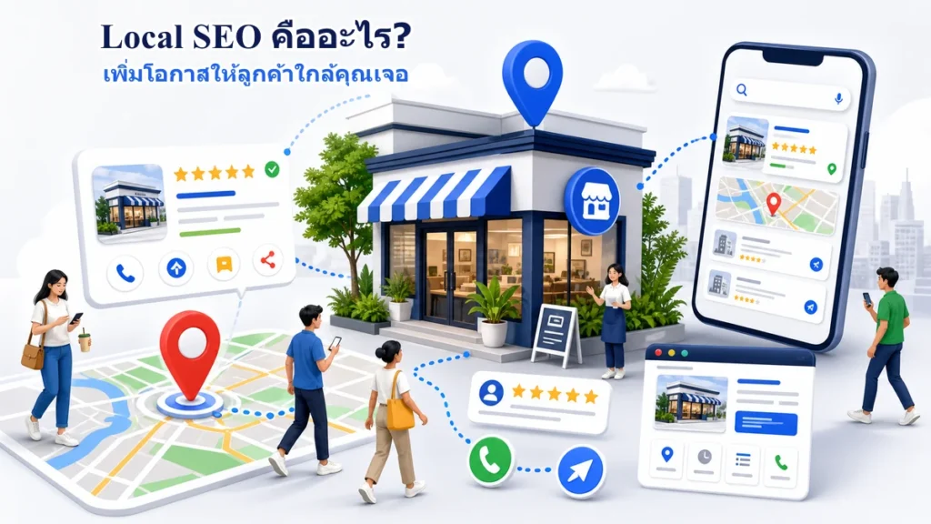Local SEO เชื่อมหน้าร้าน Google Maps Business Profile เว็บไซต์ รีวิว การโทร และการขอเส้นทางจากลูกค้าใกล้พื้นที่