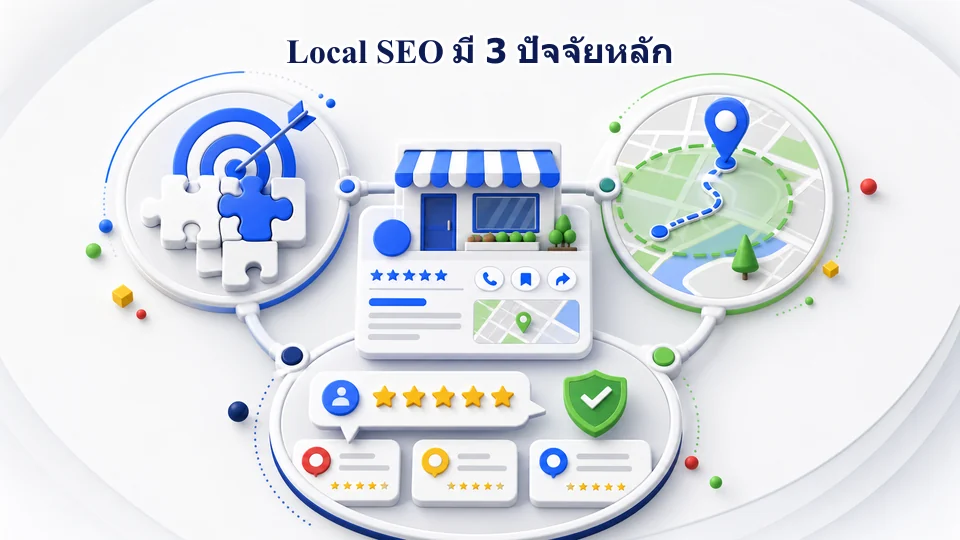 สามปัจจัยของ Local SEO ได้แก่ ความเกี่ยวข้อง ระยะทาง และความโดดเด่น พร้อม Google Business Profile เว็บไซต์ รีวิว และลิงก์อ้างอิง