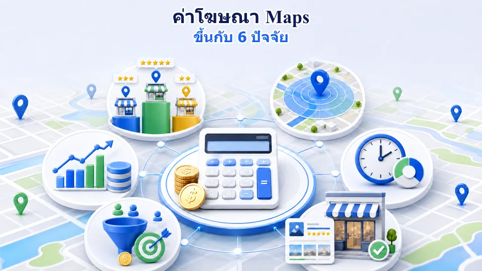 ปัจจัยค่าโฆษณา Maps ได้แก่ การแข่งขัน พื้นที่ เวลา คุณภาพข้อมูล เป้าหมาย Conversion และปริมาณข้อมูล