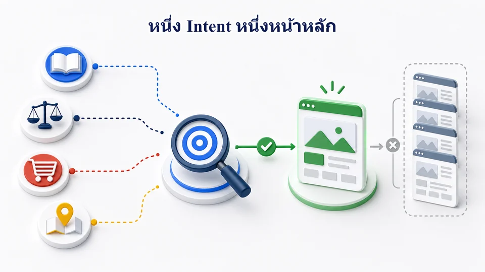 แผนผังหนึ่ง Search Intent ต่อหนึ่งหน้าหลัก เชื่อมหน้าความรู้ หน้าบริการ หน้าราคา และหน้าติดต่อ