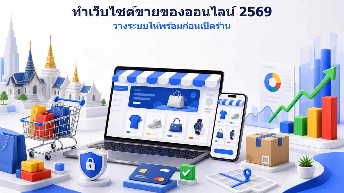 ภาพรวมเว็บไซต์ขายของออนไลน์เชื่อมหน้าร้าน สินค้า มือถือ การชำระเงิน จัดส่ง และการวัดผล
