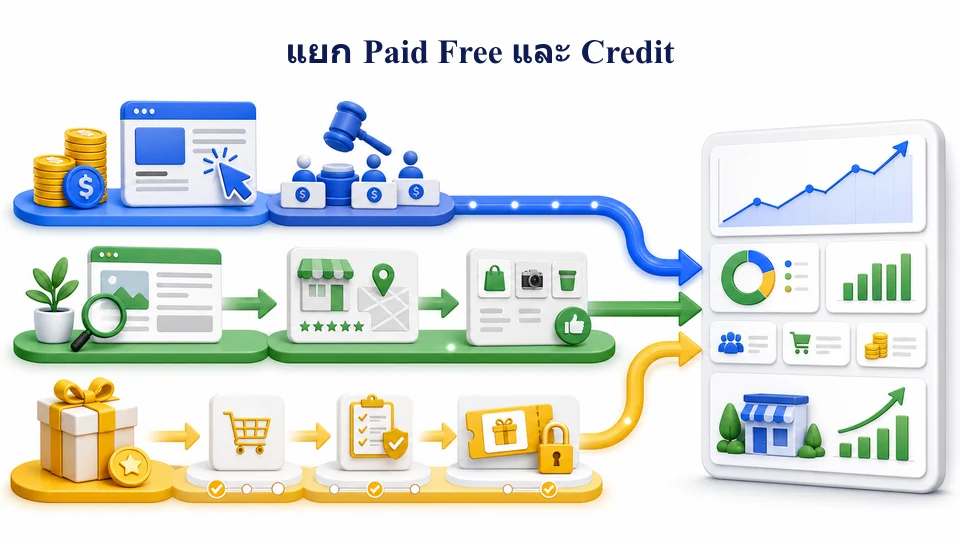 การแยก Google Ads แบบเสียเงินออกจาก SEO, Business Profile, Free Product Listings และเครดิตโปรโมชันแบบมีเงื่อนไข
