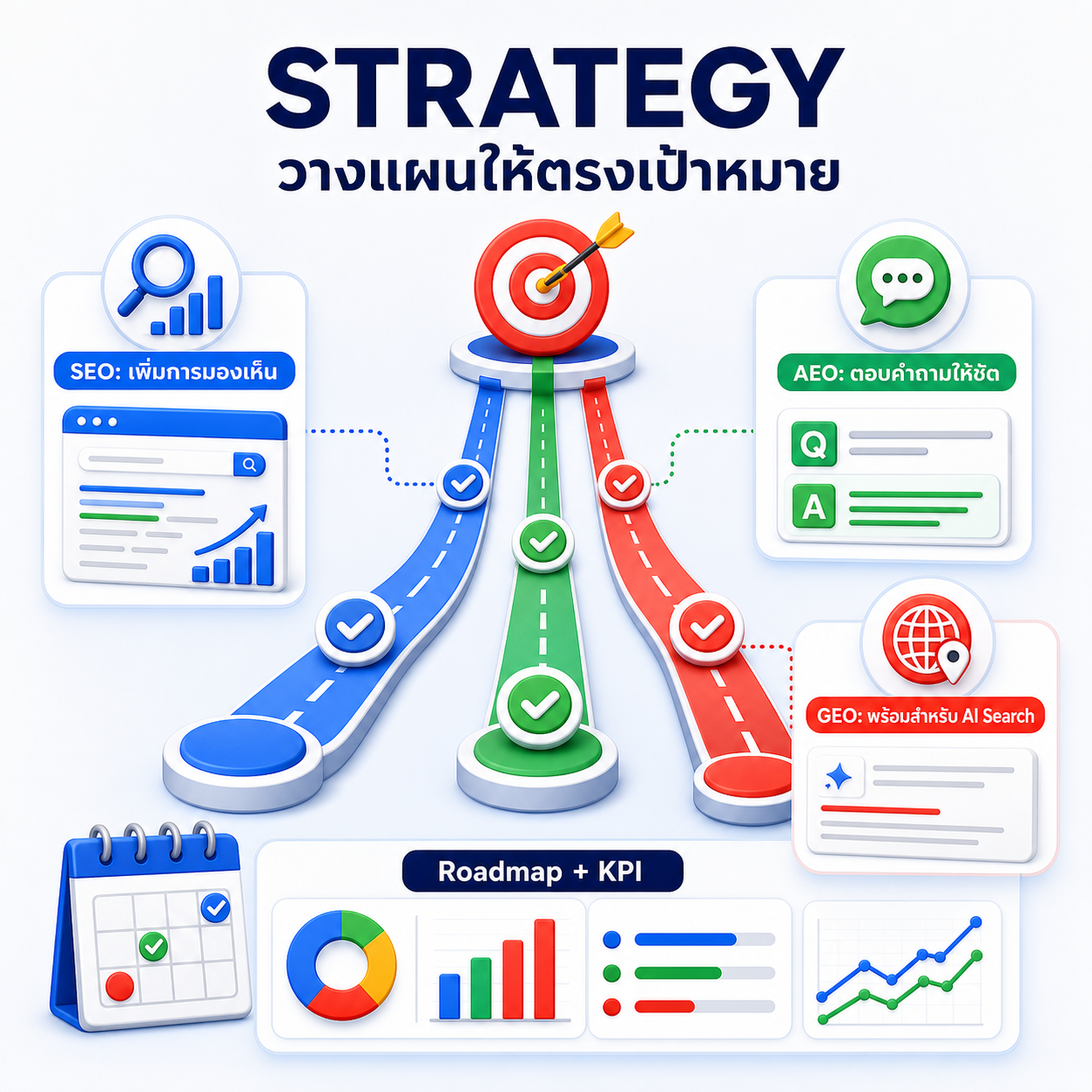 อินโฟกราฟิกสรุปการวาง Strategy สำหรับ SEO AEO และ GEO