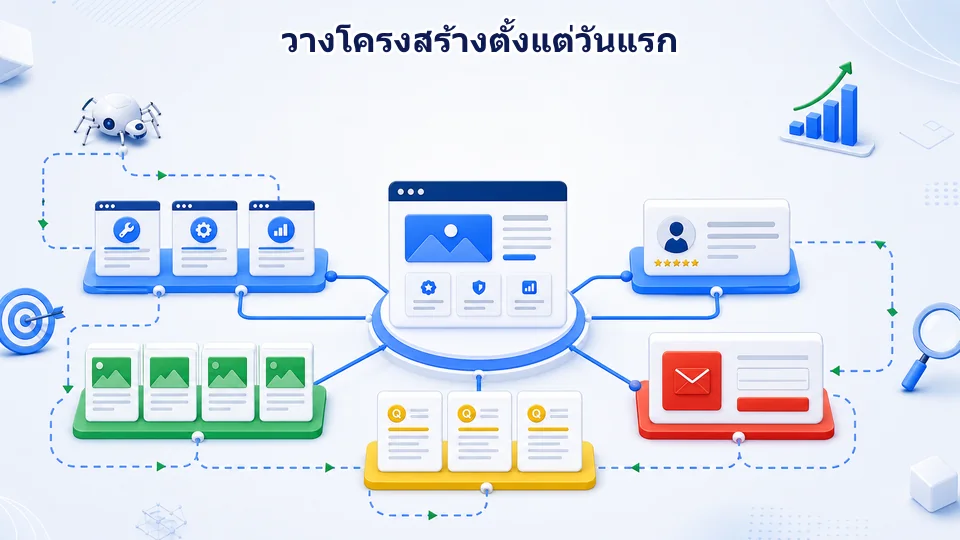 แผนภาพสถาปัตยกรรมเว็บไซต์พร้อม SEO AEO จากความต้องการค้นหาไปยังหน้า Pillar บริการ บทความ FAQ และหน้าติดต่อ