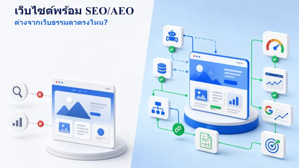 ภาพเปรียบเทียบเว็บไซต์ทั่วไปกับเว็บไซต์พร้อม SEO AEO ที่เชื่อมโครงสร้าง เนื้อหา Search Console และการวัดผล