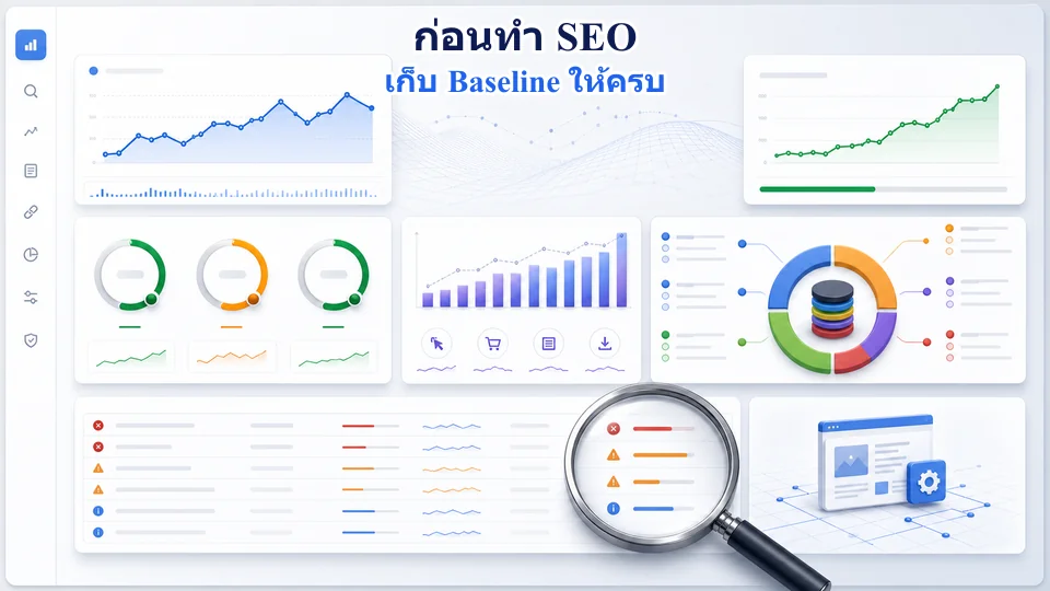 แดชบอร์ดตรวจ Baseline SEO ที่รวม Organic Traffic การจัดทำดัชนี Core Web Vitals Search Intent และ Conversion ก่อนเริ่มปรับเว็บไซต์