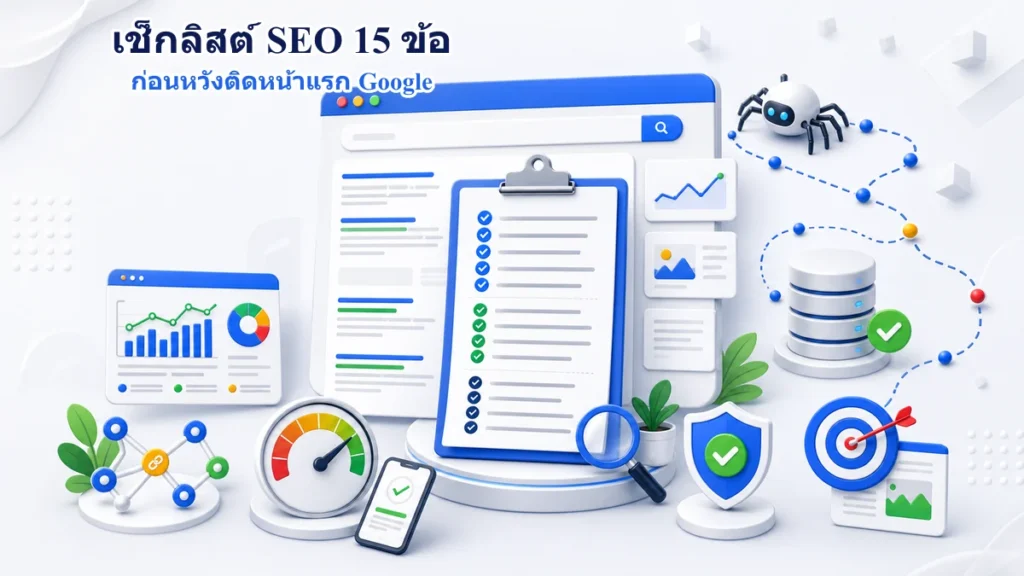เช็กลิสต์ SEO 15 ข้อรอบเว็บไซต์ ครอบคลุมการ Crawl Index เนื้อหา ความน่าเชื่อถือ มือถือ ความเร็ว ลิงก์ และการวัดผล