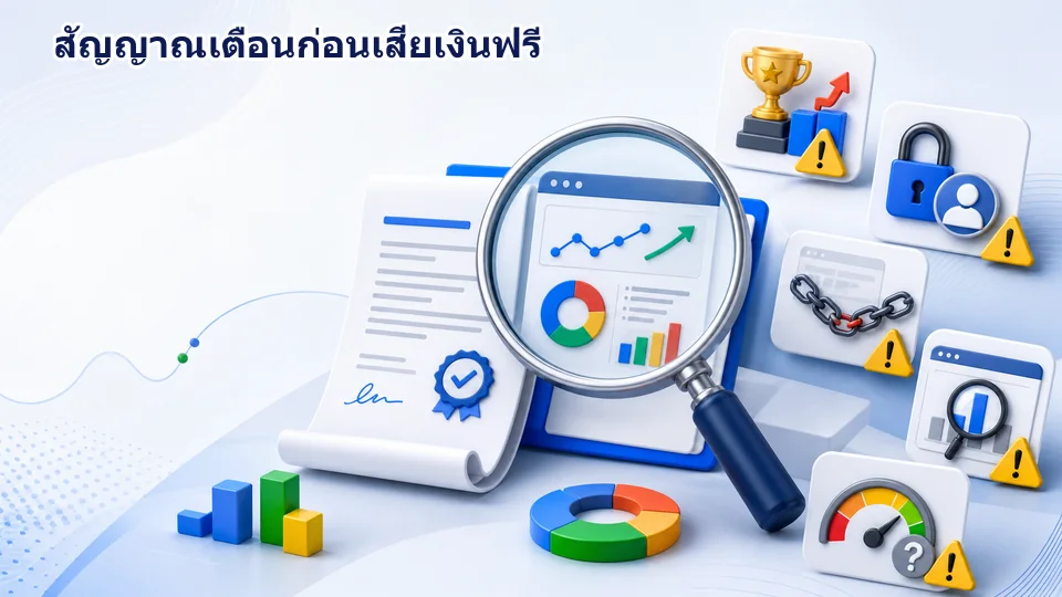 ภาพสรุปสัญญาณเตือนบริษัท SEO เช่น รับประกันอันดับ ปิดบังบัญชี รายงานเฉพาะอันดับ สร้างลิงก์ไม่โปร่งใส และไม่มีแผนวัดผล
