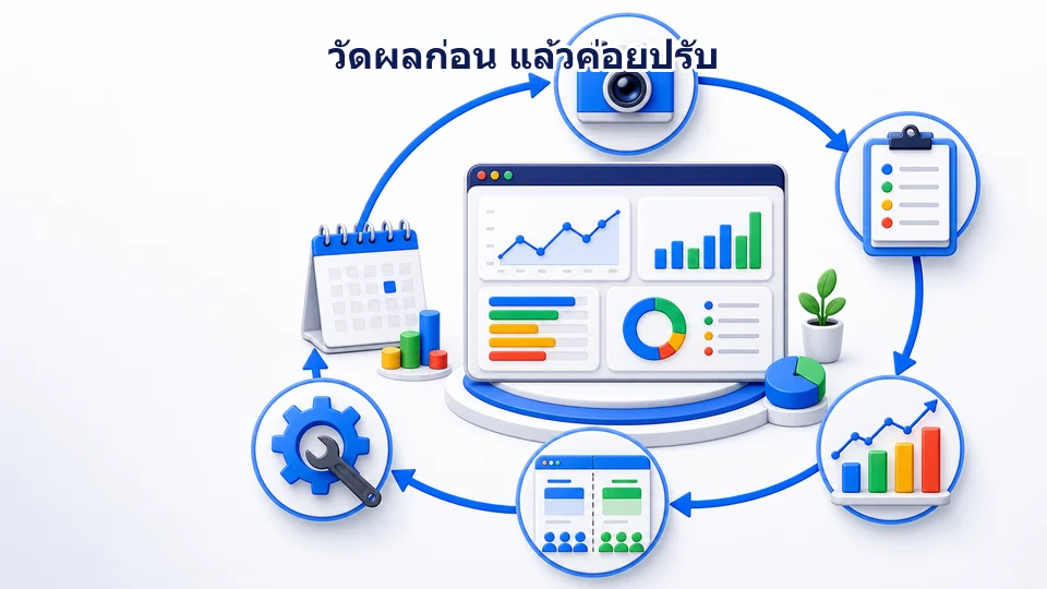 วงจร SEO จากเก็บ Baseline ตั้งสมมติฐาน ปรับเว็บไซต์ ติดตาม Search Console และ Conversion แล้วตัดสินใจรอบถัดไป