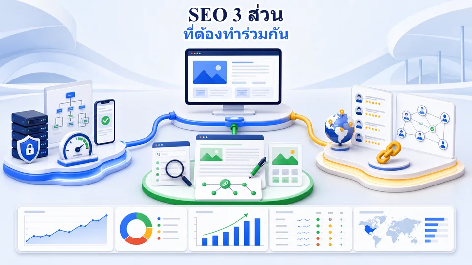 องค์ประกอบ SEO ด้านเทคนิค เนื้อหา และความน่าเชื่อถือที่เชื่อมกับเว็บไซต์และการวัดผล