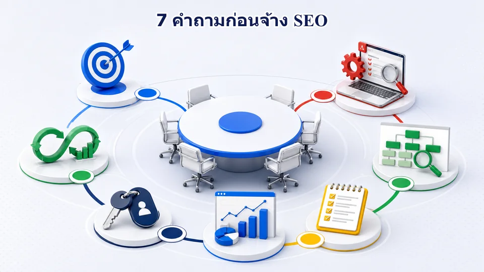 อินโฟกราฟิก 7 คำถามก่อนเลือกบริษัทรับทำ SEO ครอบคลุม KPI Audit Keyword Scope Report Account และการปรับแผน