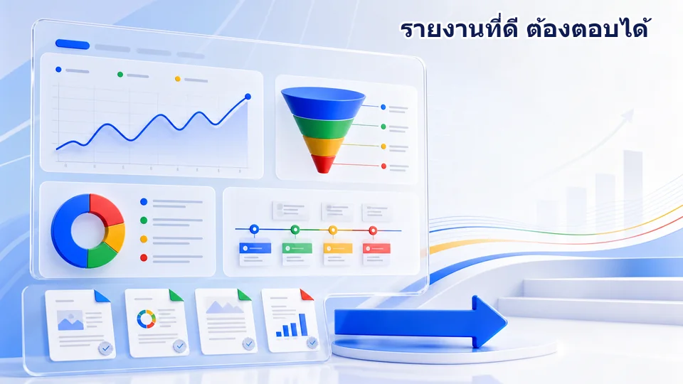 โครงสร้างรายงาน SEO ที่เชื่อมสิ่งที่ทำ ข้อมูลการมองเห็น การเข้าชม Conversion ข้อค้นพบ และแผนเดือนถัดไป