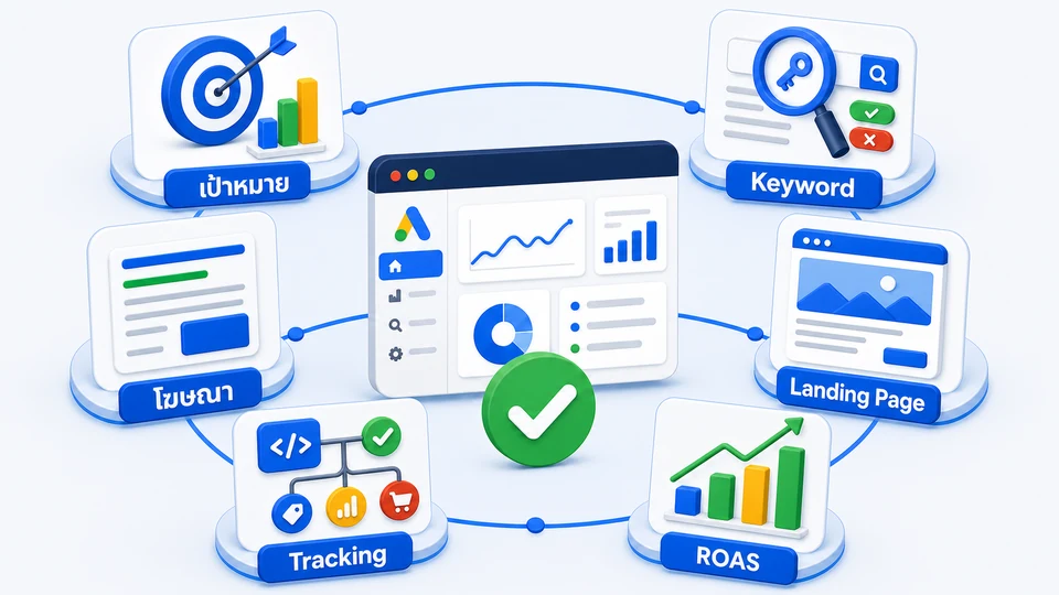 เช็กลิสต์แคมเปญ Google Ads เป้าหมาย Keyword โฆษณา Landing Page Tracking และ ROAS