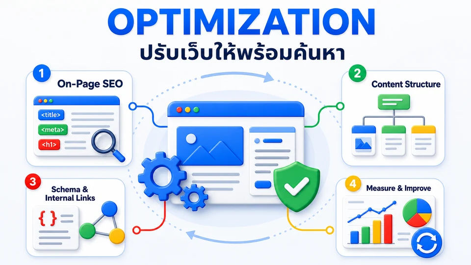 อินโฟกราฟิกปรับเว็บไซต์ด้วย On-page SEO โครงสร้างเนื้อหา Schema Internal Link และการวัดผล