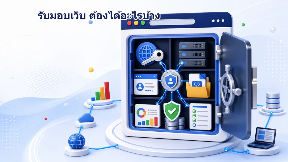 เช็กลิสต์ส่งมอบเว็บไซต์ WordPress ที่ประกอบด้วยโดเมน โฮสติ้ง บัญชีผู้ดูแล ไฟล์สำรอง ลิขสิทธิ์ คู่มือ และระบบวัดผล