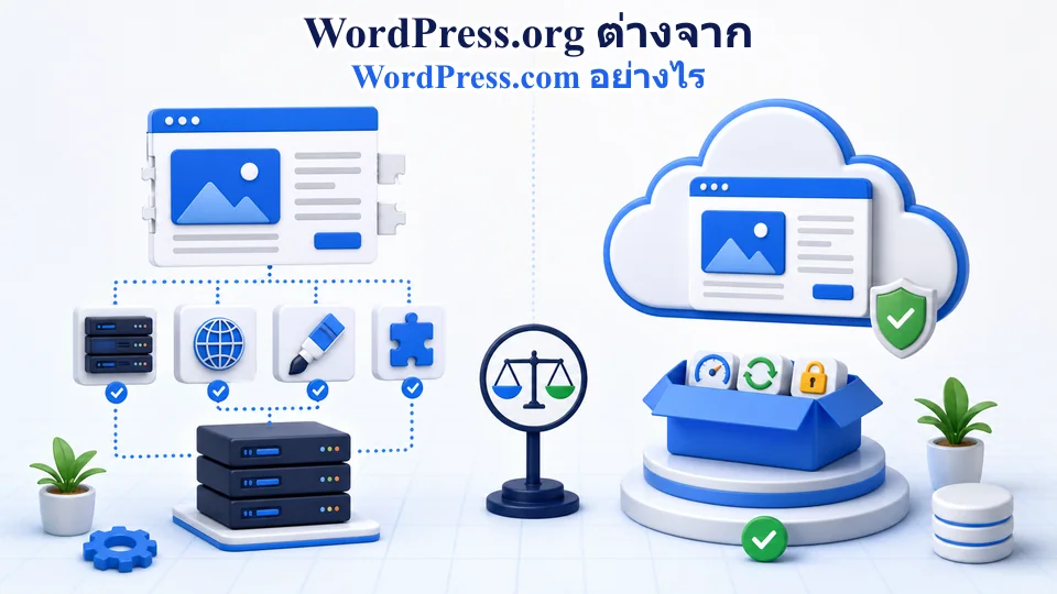 ภาพเปรียบเทียบ WordPress.org แบบเลือกโฮสติ้งและส่วนขยายเองกับ WordPress.com แบบบริการจัดการรวม
