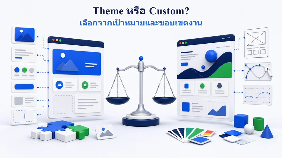 การเปรียบเทียบเว็บไซต์ WordPress แบบใช้ธีมกับ Custom Design ในด้านเวลา งบ ความเฉพาะแบรนด์ และความยืดหยุ่น