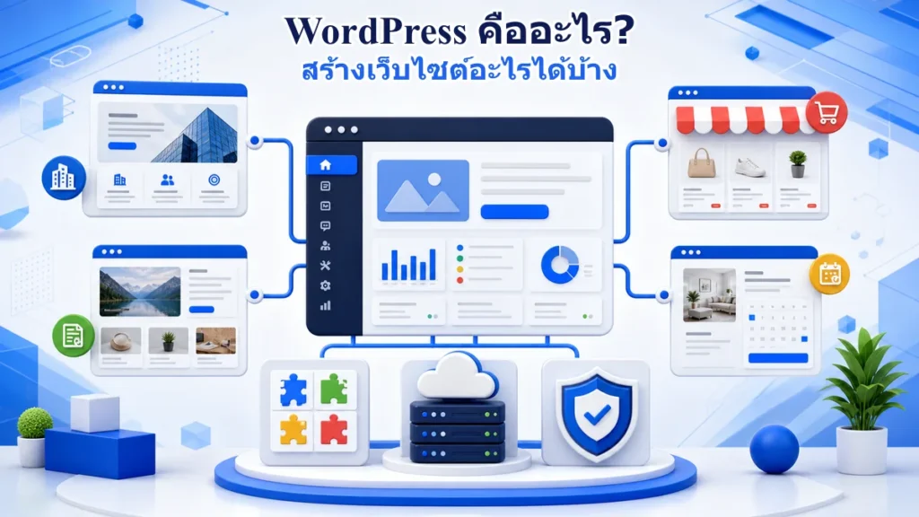 WordPress คือระบบจัดการเว็บไซต์ที่เชื่อมเว็บบริษัท ร้านค้า บล็อก ระบบจอง โฮสติ้ง ปลั๊กอิน และความปลอดภัย
